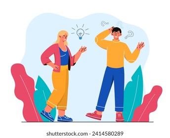 Misunderstanding dialogue concept. Man and woman with discommunication. Bad communication between coupl, friends or colleagues. Cartoon flat vector illustration isolated on white background