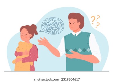 Misunderstanding in family between parent and child vector illustration. Cartoon sad girl hugging teddy bear with tangled thread in speech bubble, communication barrier between father and daughter