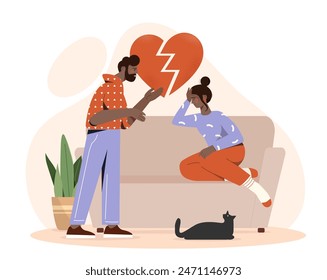 Misunderstanding in the family. A man and a woman quarreling at home. Divorce and separation of a married couple. Guy and girl with negative feelings and emotions. Flat vector illustration