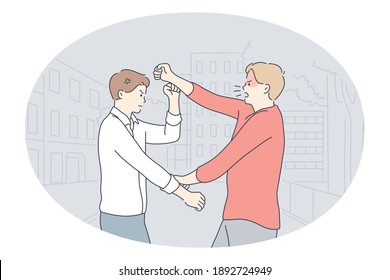 Misunderstanding, fighting, quarrelling concept. Young angry men friends or colleagues fighting with each other, screaming and listening to complaints feeling depressed and angry illustration