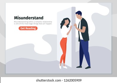 Misunderstanding landing page vector template. Problems in relationships. Webpage design layout with flat illustrations. Conflict, divorce. Wall between couple. Family psychology website, web banner