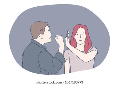 Misunderstanding, problems in communication, anger concept. Young man and woman arguing fighting and having problems with mutual understanding and quarrelling vector illustration 