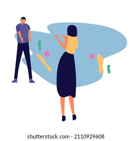 Misunderstanding and quarrel guy and girl. A young girl explains something with her hand to a young guy. Colored flat vector illustration on white background.