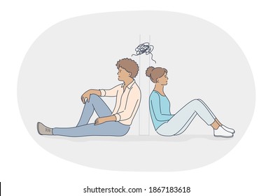 Misunderstanding, Quarrelling, Fighting Concept. Young Unhappy Couple Sitting In Different Rooms And Thinking About Problems With Mutual Understanding Feeling Lonely Illustration