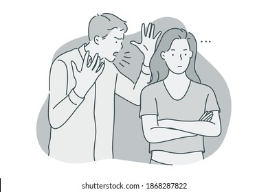 Misunderstanding, quarrelling, fighting concept. Young unhappy couple fighting with each other, screaming and listening to complaints of partner feeling depressed and angry illustration