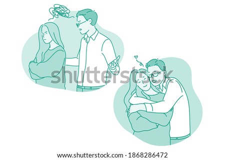 Misunderstanding, quarrelling, reconciliation concept. Young couple first quarrelling and having scandal and then reconciling and hugging each other with love vector illustration