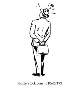Misunderstanding questions businessman standing with his back line art sketch