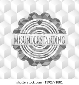 Misunderstanding realistic grey emblem with cube white background