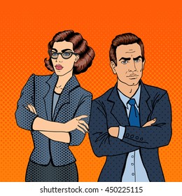 Misunderstanding at Work. Confrontation Between Businessman and Businesswoman. Pop Art. Vector illustration