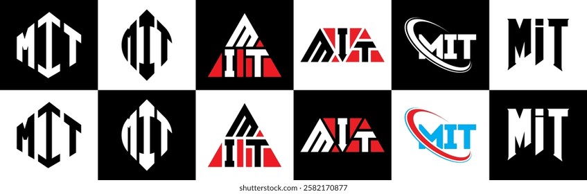 MIT letter logo design in six style. MIT polygon, circle, triangle, hexagon, flat and simple style with black and white color variation letter logo set in one artboard. MIT minimalist and classic logo