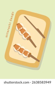 Mitarashi dango japanese rice cake dumpling with soy sauce on food tray design illustration editable for use