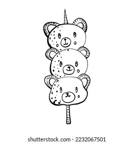 Mitarashi dango Japanese sweet food Hand Drawn line art Illustration. Kawai cute bear.