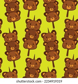 Mitarashi dango Japanese sweet food Hand Drawn line art Illustration. Kawai cute bear seamless pattern for wrapping paper, textile