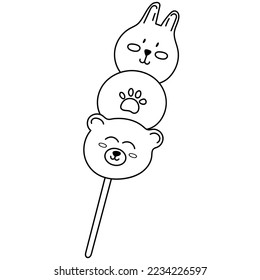 Mitarashi Dango - Japanese  sweet rice dumpling.Cute colorful dango.Line art dango illustration