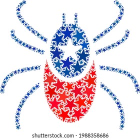 Mite collage of stars in various sizes and color hues. Mite illustration uses American official blue and red colors of Democratic and Republican political parties, and star parts. Based on mite icon,