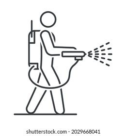 Mite disinfectant man icon. Disinfector icon. Linear image of a person with a disinfectant against ticks, beetles, pests. Isolated vector on white background.