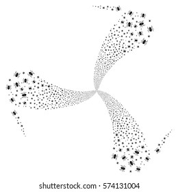 Mite fireworks swirl rotation. Vector illustration style is flat black iconic symbols on a white background. Object whirlpool organized from random symbols.