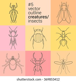 Mite, gadfly, Mole cricket, Lucanus cervus, Bush cricket, grasshopper, ant, mosquito beetles collection kit. insects contour icons signs vector set.