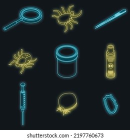 Mite icons set. Isometric set of mite vector icons neon color on black