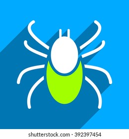 Mite long shadow vector icon. Style is a flat mite iconic symbol on a blue square background.