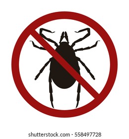 Mite prohibition sign. Vector illustration black silhouette acarid isolated in the red croossed circle. 