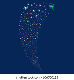 Mite random fireworks stream. Vector illustration style is flat bright multicolored iconic symbols on a blue background. Object fountain created from scattered pictograms.
