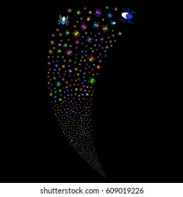 Mite random fireworks stream. Vector illustration style is flat bright multicolored iconic symbols on a black background. Object fountain organized from scattered design elements.