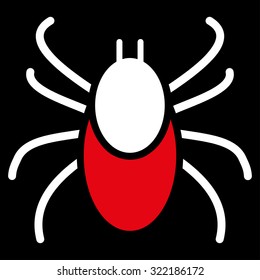 Mite vector icon. Style is bicolor flat symbol, red and white colors, rounded angles, black background.