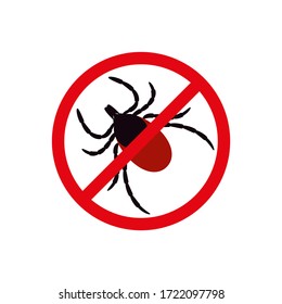 Mite warning sign. Stop parasite icon, vector illustration, black and red, tick in a red circle. no mite. 