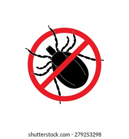 Mite warning sign. Stop parasite icon, vector illustration, silhouette, black and red, tick in a red circle