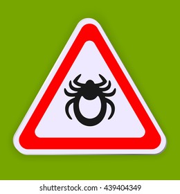 Mite warning sign. Tick vector icon isolated on white. Encephalitis parasite on green background.