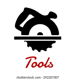 Miter saw black icon with circular saw blade and handle on the top of cutter head isolated on white background