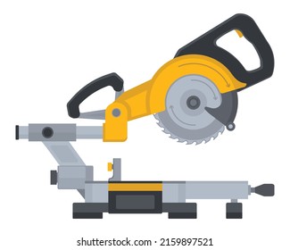 Miter saw with steel toothed disc. Vector flat woodworking tool. Electric hand tool for cutting wood or metal. Building equipment.