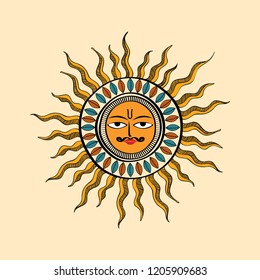 Mithila art famous in Bihar, India. Sun Symbol uses in Chhath Puja, Bihar