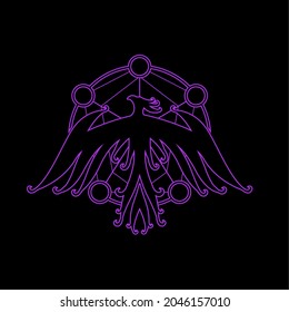 Mithycal, Minimalist, Modern, Trendy, Mistic, Esoteric Violet Colored Phoenix Bird Rising Symbol Logo Branding Identity Tattoo Outline Illustration