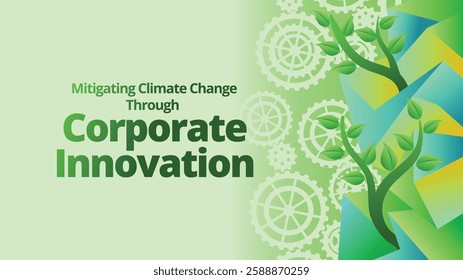 Mitigating Climate Change Through Corporate Innovation concept. abstract polygonal with green plant and gears for go green concept. template vector illustration 