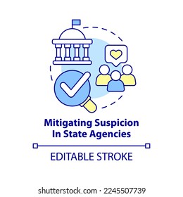 Mitigating suspicion in state agencies concept icon. Public service delivery change abstract idea thin line illustration. Isolated outline drawing. Editable stroke. Arial, Myriad Pro-Bold fonts used