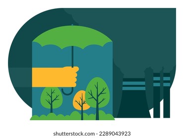 Mitigation of climate change concept - hand holding umbrella and trees protected from pollution.
