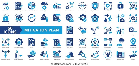 Mitigation icon collection set. Containing preparedness, disaster, risk, reduction, strategy, resilience, vulnerability icon. Simple flat vector.