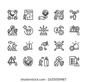 Mitigation icon collection set. Containing preparedness, disaster, risk, reduction, strategy, resilience, vulnerability icon. Simple line vector.