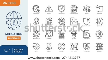 Mitigation icon set. Contain icons related to mitigation, prevention, reduction, control, protection, security, preparedness, response, and more. Editable stroke. Vector illustration