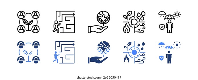 Mitigation plan icon set with Community, Evacuation Plan, Ecology, Natural Resources, Protection.
