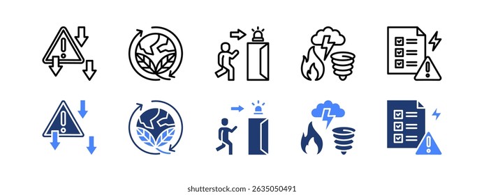 Mitigation plan icon set with Reduction, Sustainability, Emergency Exit, Disaster, Identification.