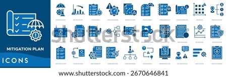 Mitigation Plan icon set. Risk Mitigation Strategy, Impact Reduction Chart, Action Plan Tracker, Hazard Control Measures, Prevention Tactics Sheet, Risk Level Assessment and Emergency Response Plan