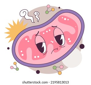 Mitochondria and aging process. Tired and old mitochondrion character is not able to produce of atp energy. Cell organelles with dysfunction. Flat vector illustration