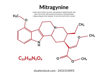 Fórmula de estructura molecular de alcaloides herbales de mitragynine, adecuada para contenido de educación o ciencia química. Ilustración de vector