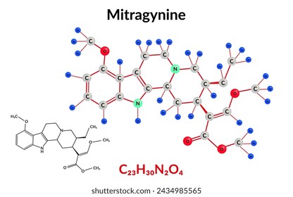 Mitragynine herbal alkaloid molecular structure formula, ball-and-stick model, suitable for education or chemistry science content. Vector illustration