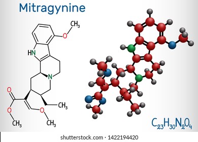 Mitragynine molecule. It is the herbal alkaloid with opiate-like properties produced by plant Mitragyna speciosa Korth, kratom. Structural chemical formula and molecule model. Vector illustration