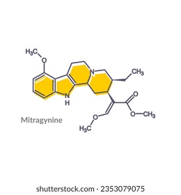 Molécula mitragínica. Es el alcaloide herbal con propiedades similares a los opiáceos producido por la planta Mitragyna speciosa Korth, kratom. Fórmula química estructural