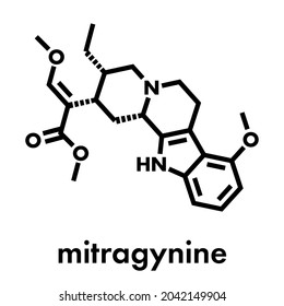 Molécula mitragínica. Alcaloide herbal presente en kratom (ketum, Mitragyna speciosa). Fórmula esquelética.